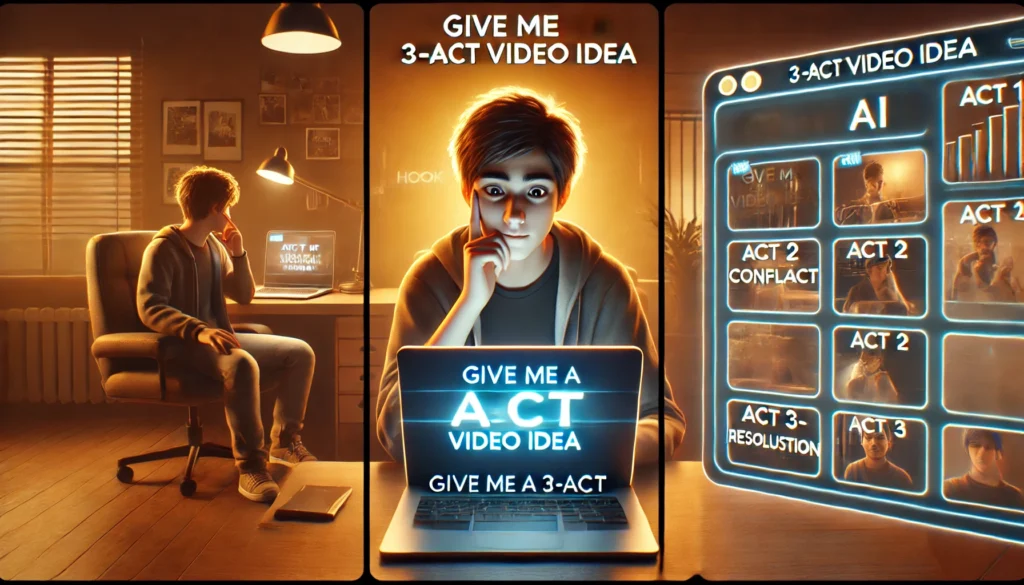 DALL·E 2025 04 22 20.03.08 A horizontal digital artwork in 3D semi realistic style showing a person creating a short video idea using AI. The image is divided into three storybo